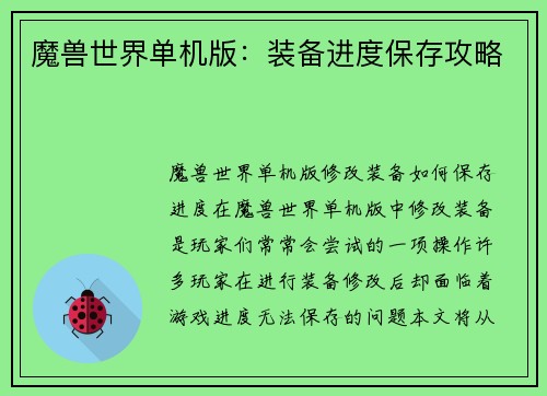 魔兽世界单机版：装备进度保存攻略